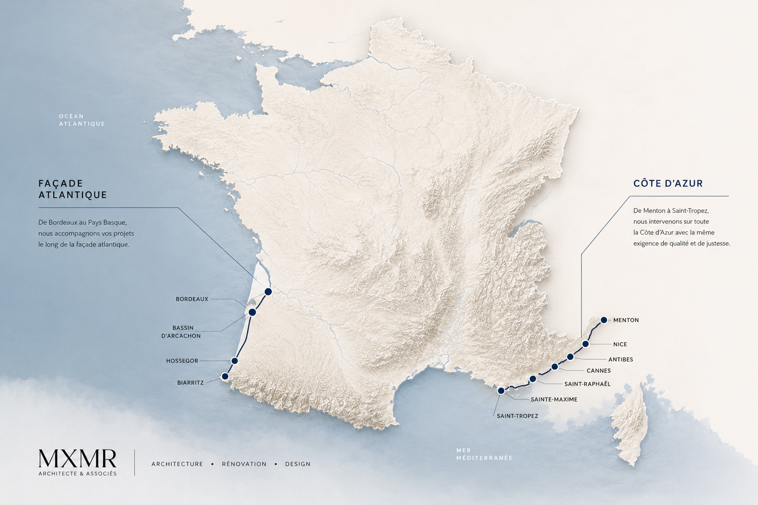 Carte des territoires d’intervention MXMR : Côte d’Azur, Bordeaux, Bassin d’Arcachon, Hossegor et Biarritz